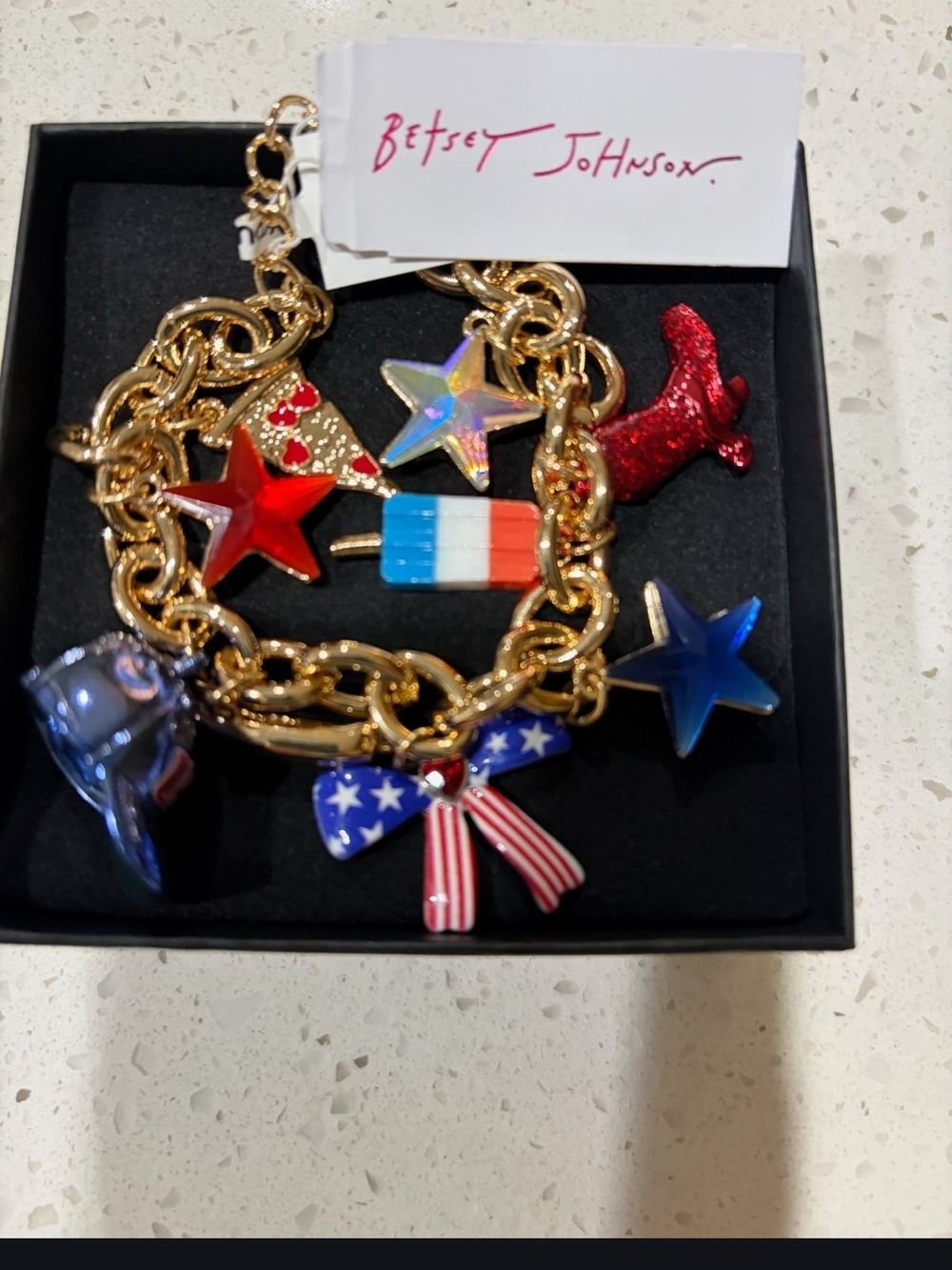 Betsey Johnson Gold-tone Patriotic Charm Bracelet in Red, White & Blue Accents